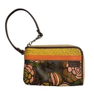 FOSSIL Key Per Coated Canvas Leather Trim Zip Around Wallet Wristlet Pouch